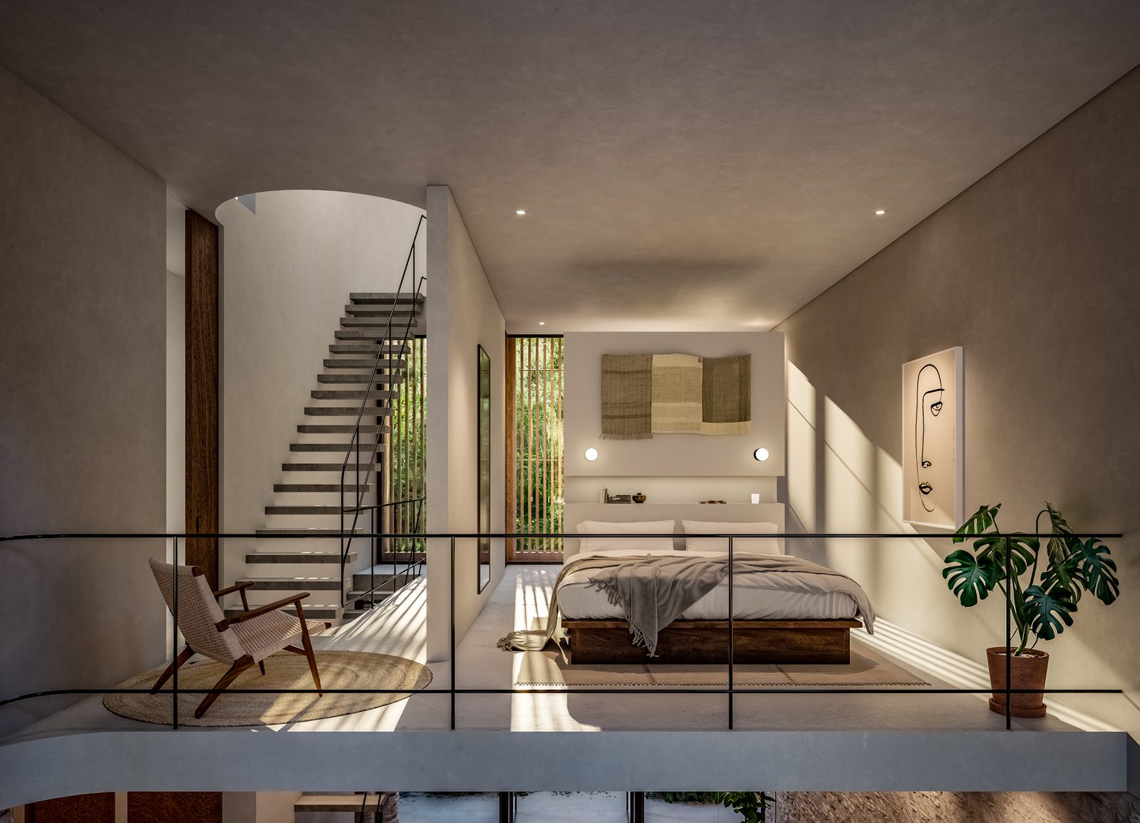 Kin Villas master bedroom with mezzanine and staircase